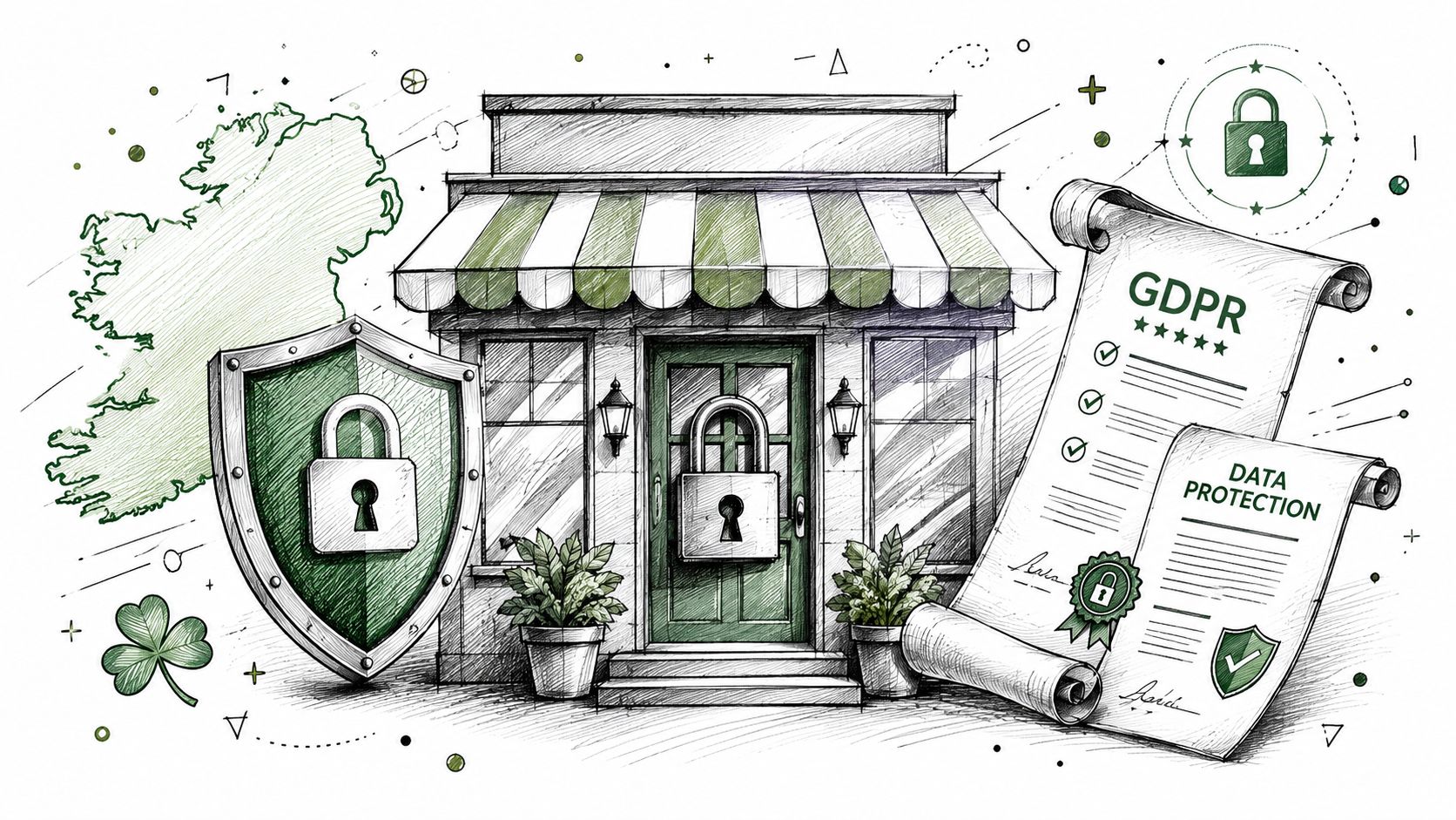 A conceptual illustration of a store protected by GDPR, featuring a padlock, a shield, and Irish map.