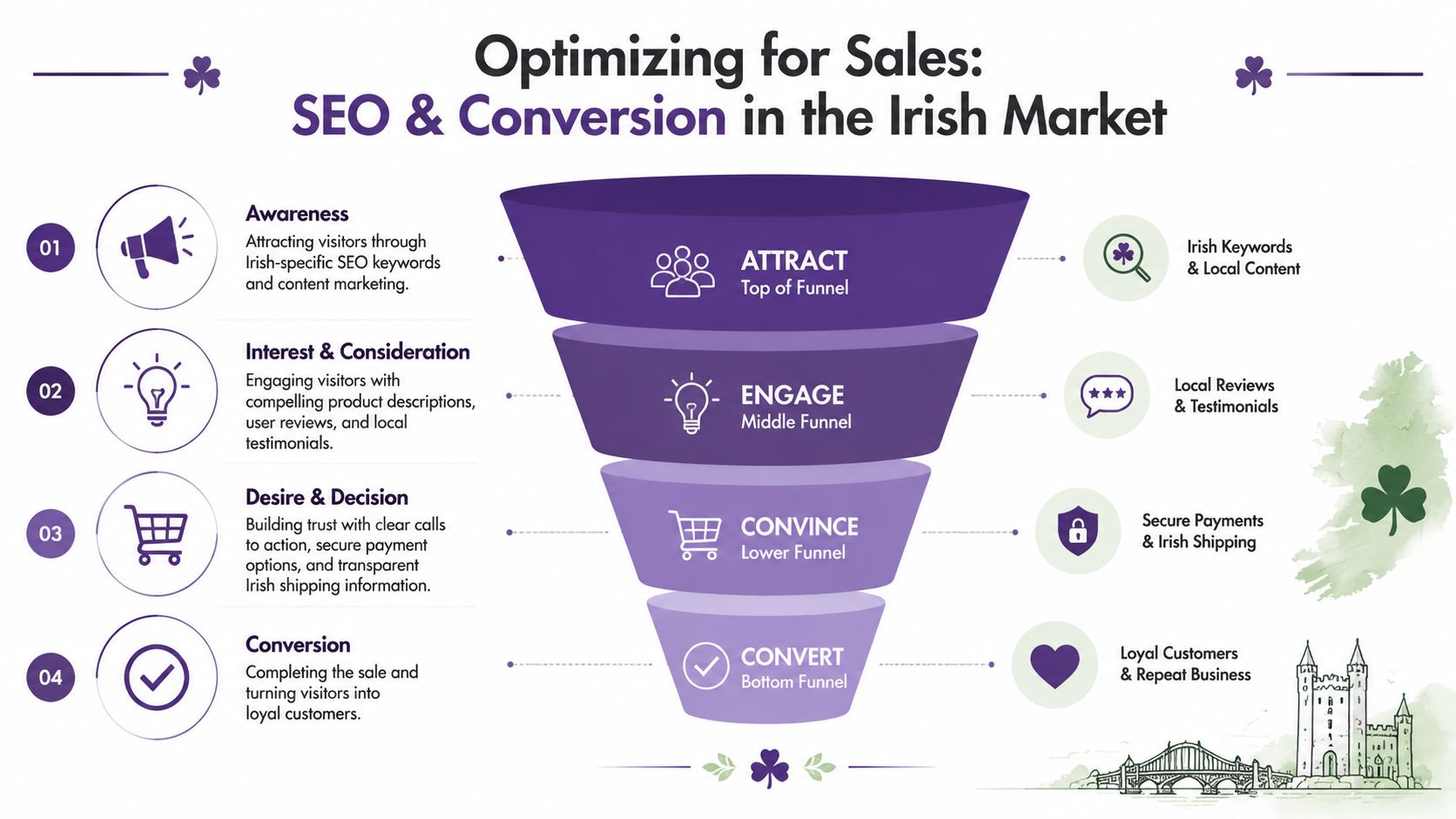 A funnel diagram explaining SEO and conversion strategies for optimizing sales within the Irish market.